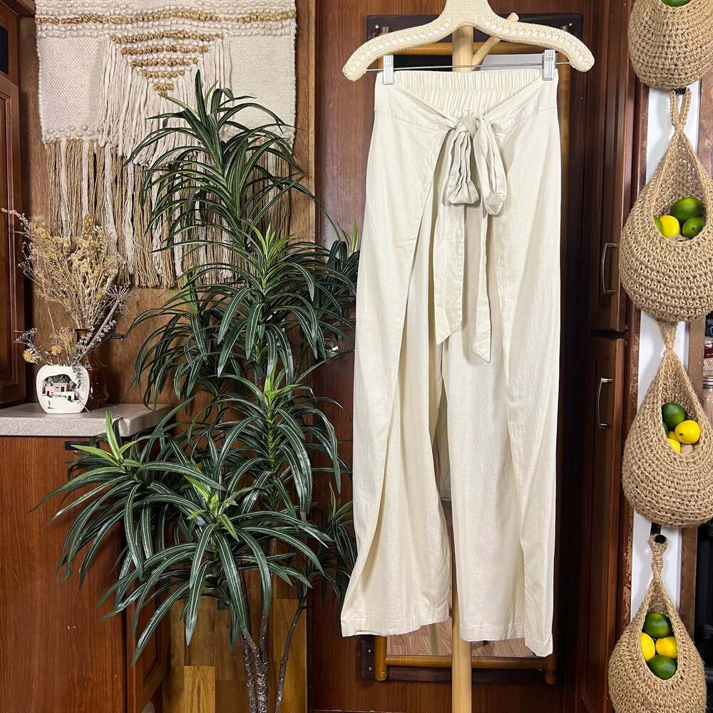 Beige Wide Leg Pants Womens S Elastic Waist Tie Front Lightweight Beach Resort